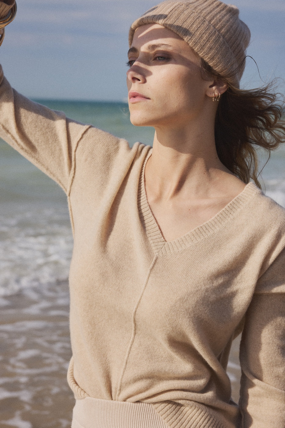 Pull Col V Oversize Coutures Manon - Beige Crème - Femme