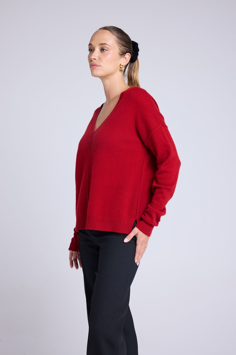 Jersey oversize de cuello en V con costuras Manon - Rojo burdeos - Mujer