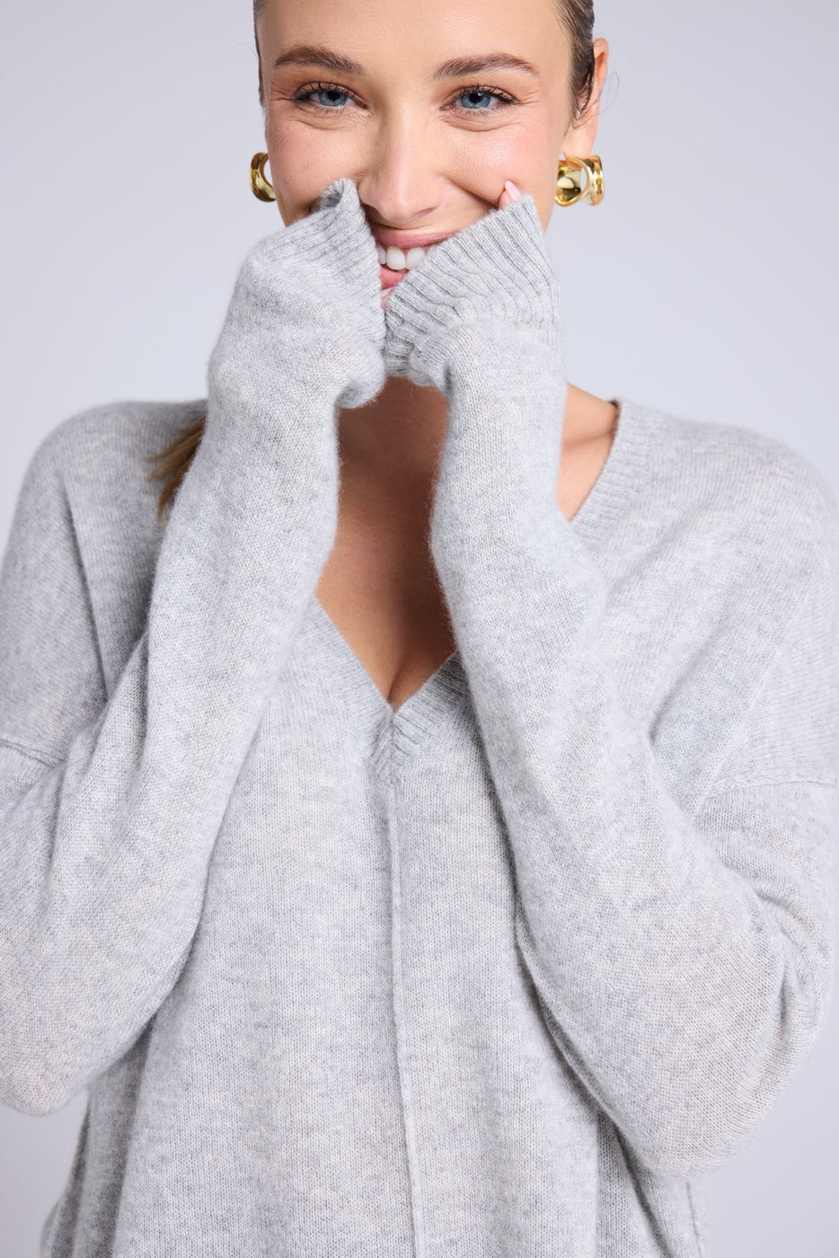 Pull Col V Oversize Coutures Manon - Gris Clair - Femme