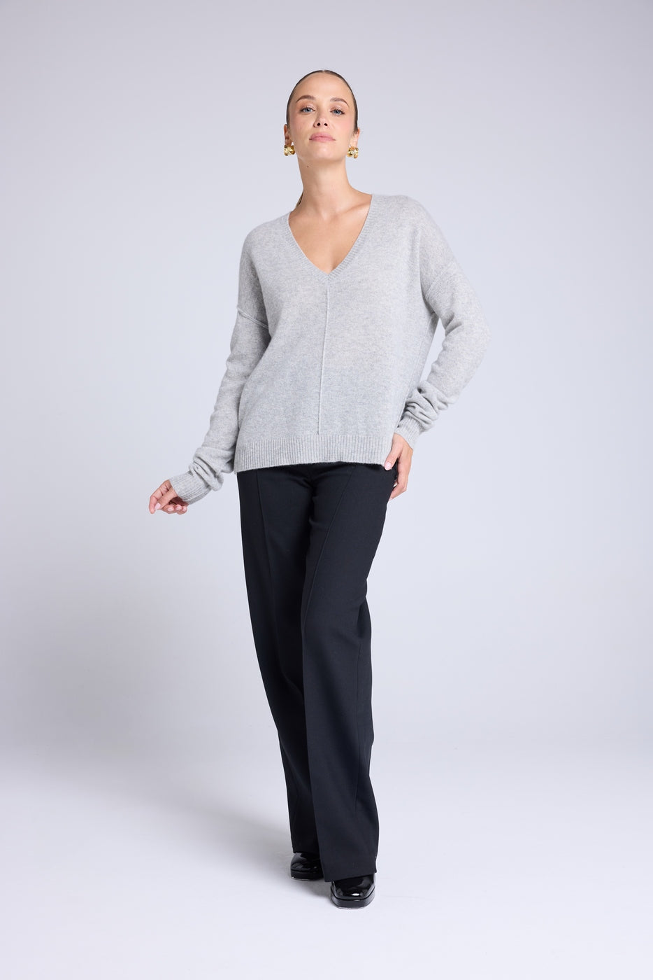 Pull Col V Oversize Coutures Manon - Gris Clair - Femme