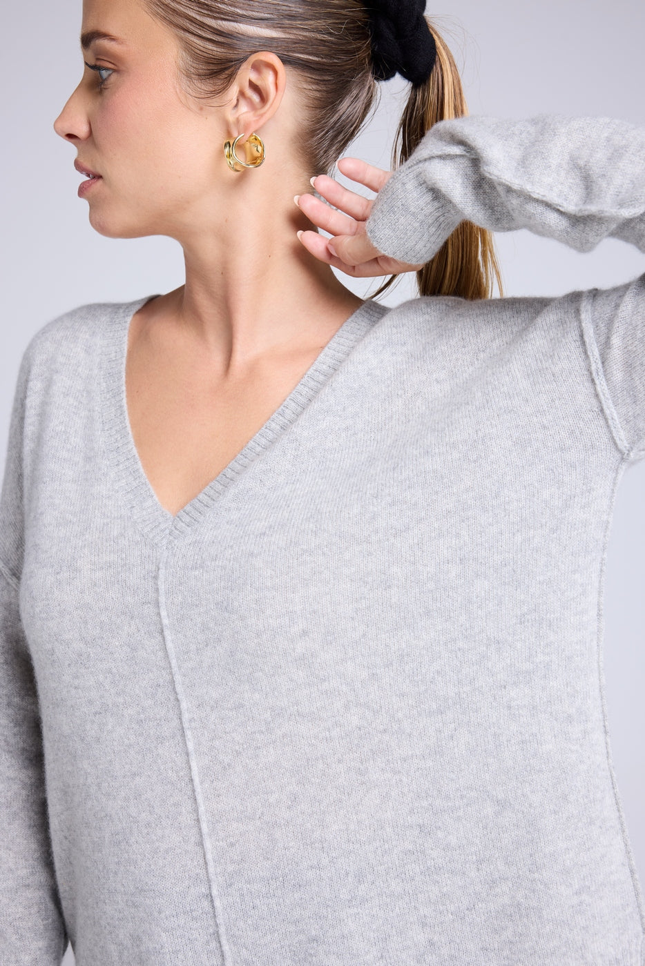 Pull Col V Oversize Coutures Manon - Gris Clair - Femme