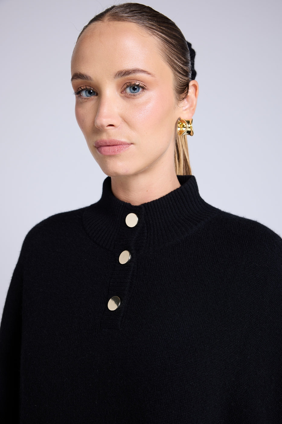 Margot Gold Button Poncho - Black - Women