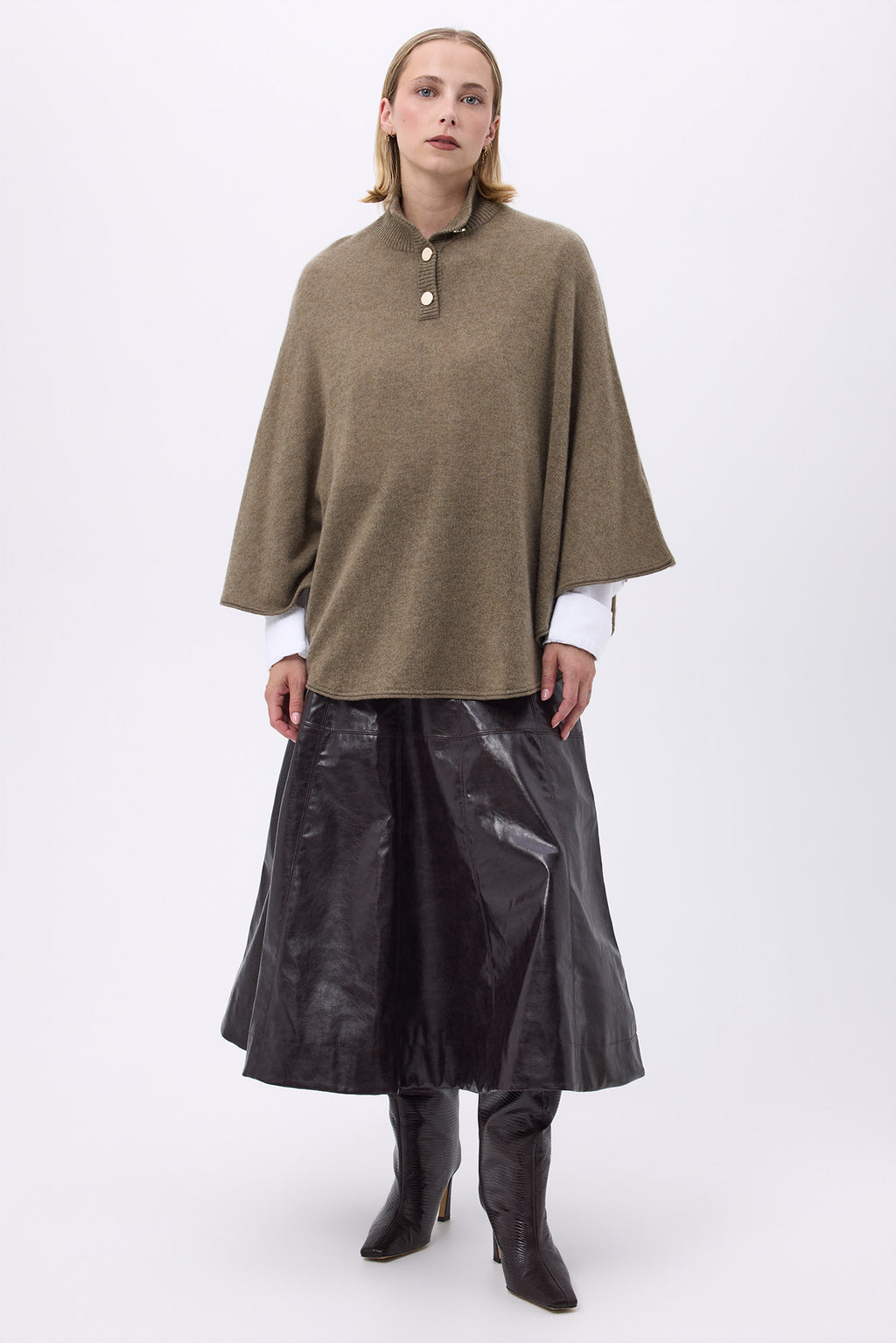 Gold-Button Poncho Margot - Khaki Green - Women