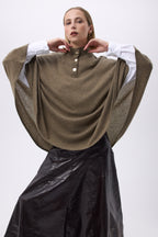 Gold-Button Poncho Margot - Khaki Green - Women