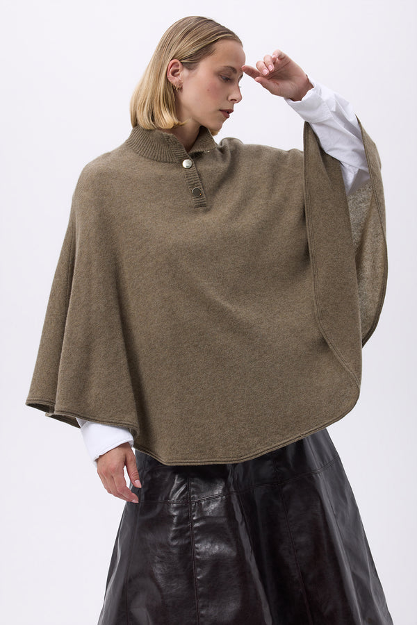 Gold-Button Poncho Margot - Khaki Green - Women