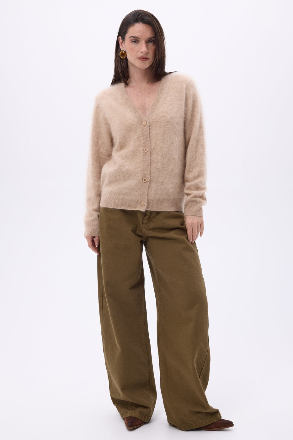Cardigan Col V – Cachemire Brossé Marianne - Beige Creme - Femme - 100% Cachemire Brosse