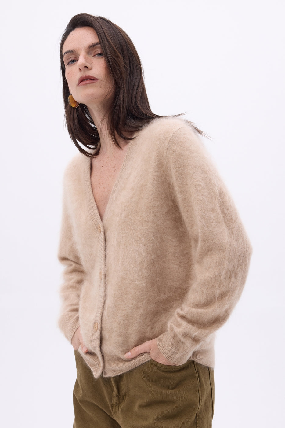 Cardigan Col V – Cachemire Brossé Marianne - Beige Creme - Femme - 100% Cachemire Brosse