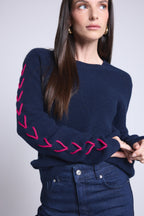 Jersey de cuello redondo con cordones en las mangas Marta - Azul marino fucsia - Mujer