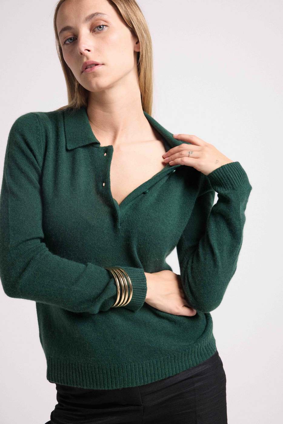 Pull Col Polo Boutons Maxine - Vert Bouteille