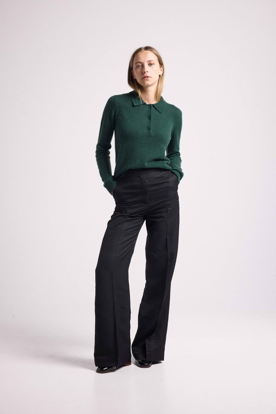 Pull Col Polo Boutons Maxine - Vert Bouteille