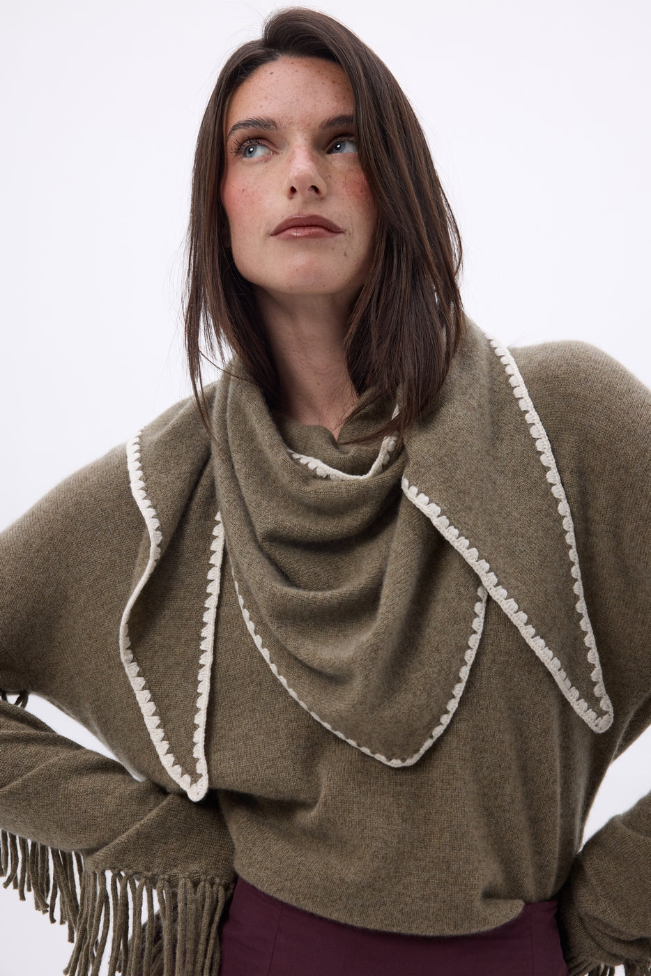 Sciarpa Bandana Oversize a Triangolo Con Impunture Maya - Kaki Melange Bianco - Donna - 100% Cashmere