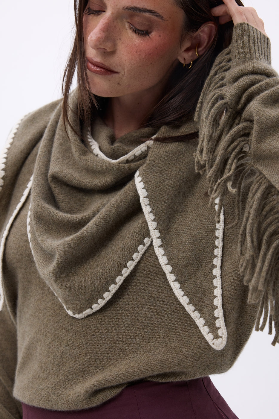 Sciarpa Bandana Oversize a Triangolo Con Impunture Maya - Kaki Melange Bianco - Donna - 100% Cashmere