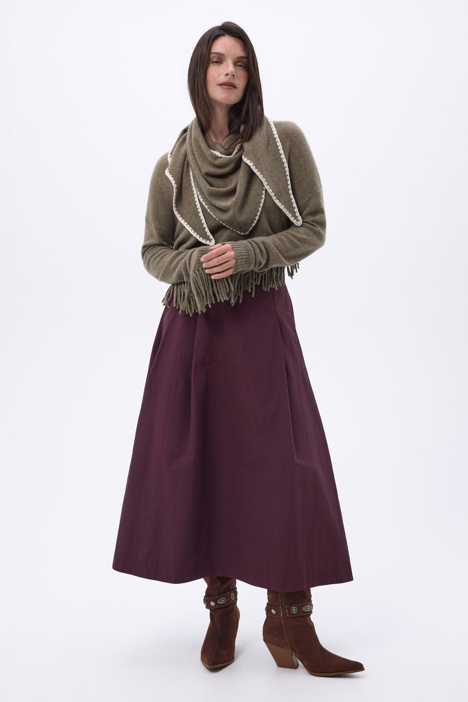 Sciarpa Bandana Oversize a Triangolo Con Impunture Maya - Kaki Melange Bianco - Donna - 100% Cashmere