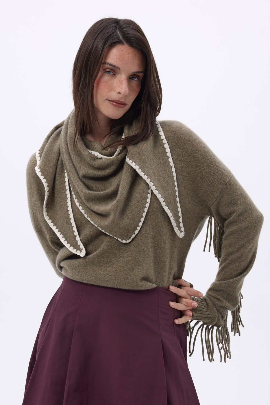 Sciarpa Bandana Oversize a Triangolo Con Impunture Maya - Kaki Melange Bianco - Donna - 100% Cashmere