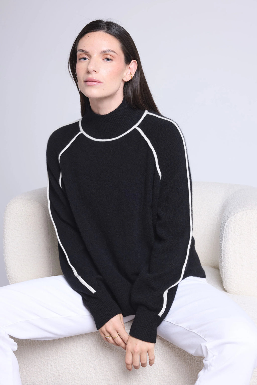 Maglione Collo Alto a Contrasto Megan - Bianco e Nero - Donna - 100% Cashmere