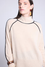Maglione Collo Alto Contrasto Megan - Beige Crema E Nero - Donna - 100% Cashmere