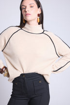 Maglione Collo Alto Contrasto Megan - Beige Crema E Nero - Donna - 100% Cashmere