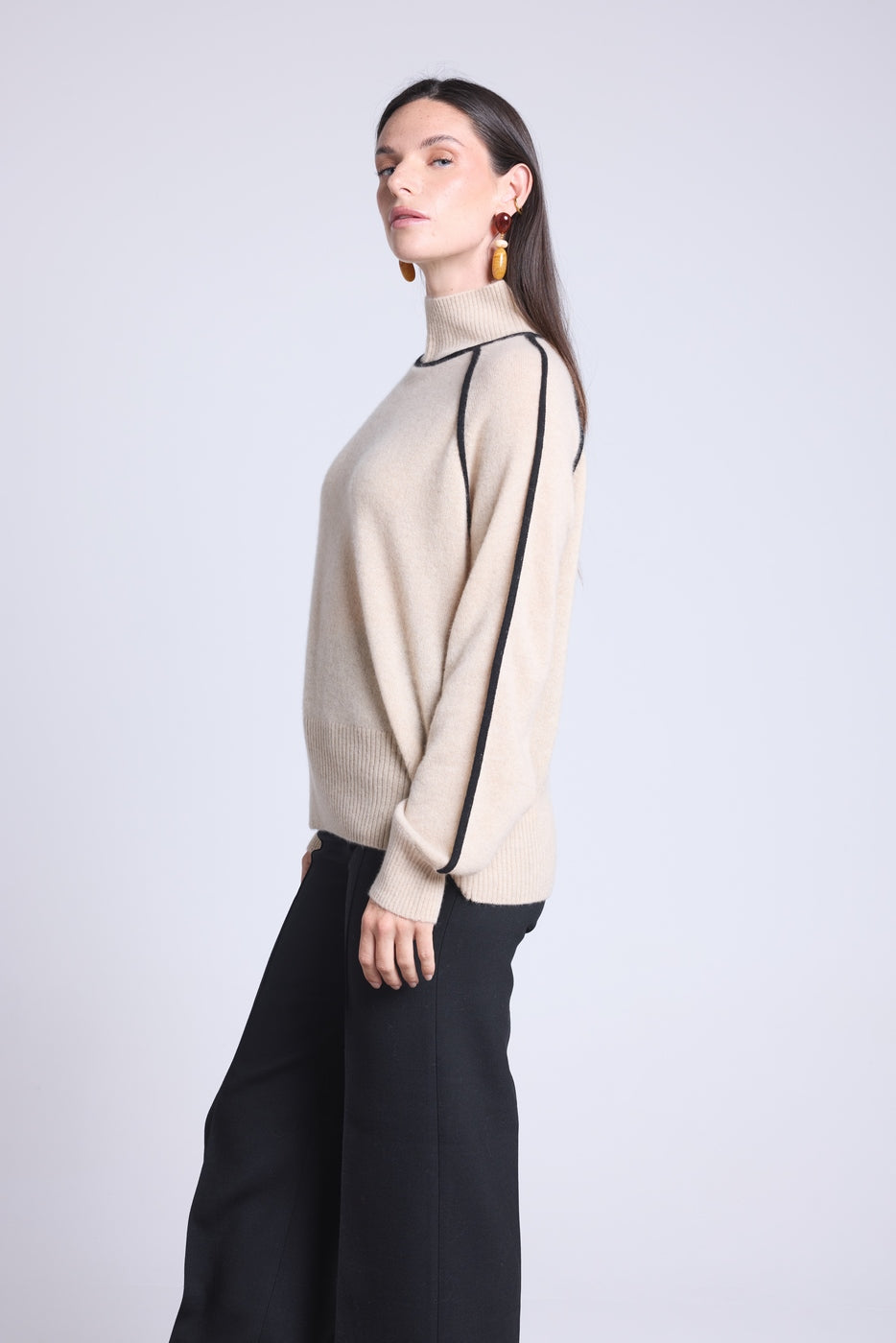 Maglione Collo Alto Contrasto Megan - Beige Crema E Nero - Donna - 100% Cashmere