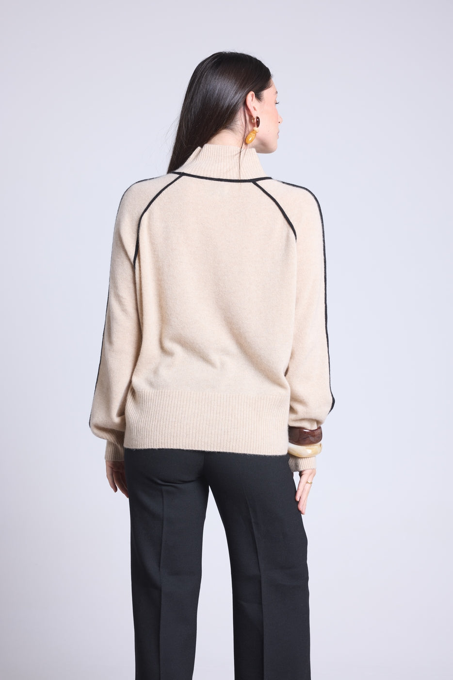 Maglione Collo Alto Contrasto Megan - Beige Crema E Nero - Donna - 100% Cashmere