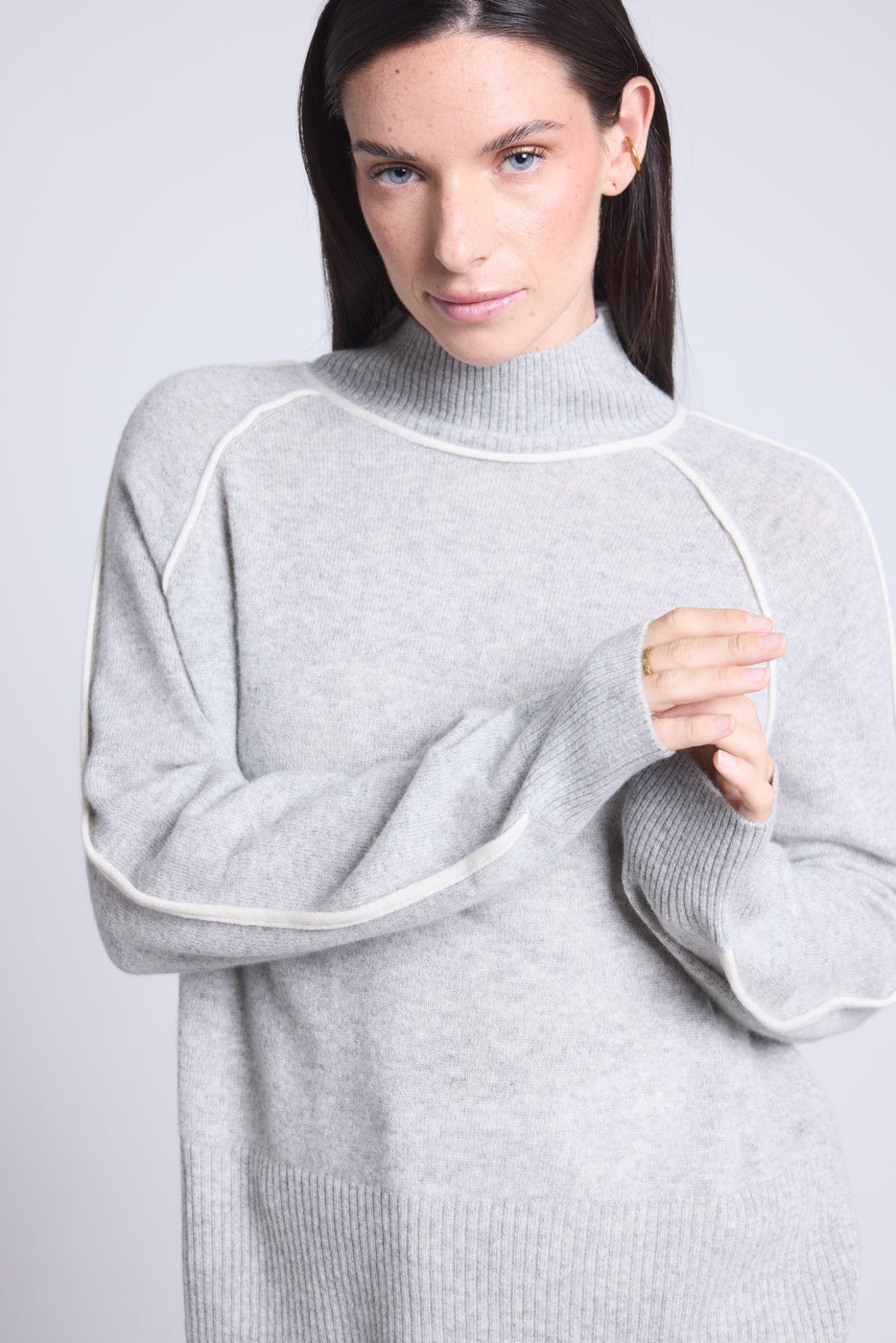 Pull Col Montant Contraste Megan - Gris Et Blanc - Femme