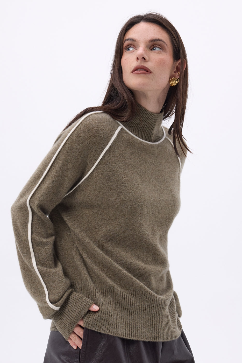 Jersey De Cuello Alto En Contraste Megan - Caqui Jaspeado Blanco - Mujer - 100% Cachemira