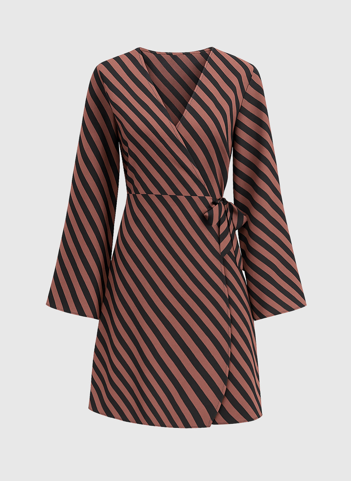 An'ge – Robe Courte Metaly Stipe Chocolat, robe portefeuille marron et noire à rayures diagonales, manches évasées