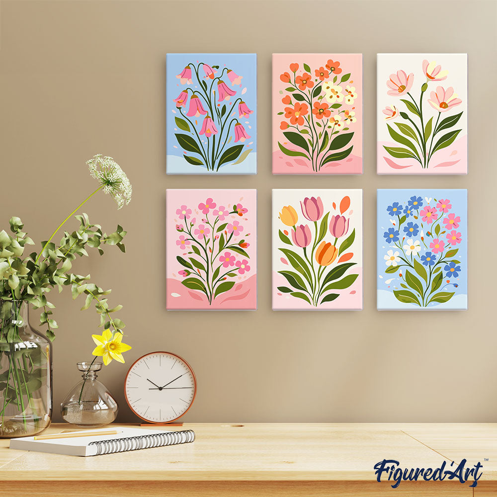 Mini Paint by Numbers 15X20Cm (6 Pieces) - Pastel Flowers