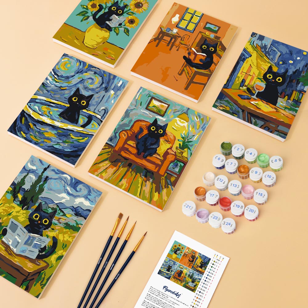 Mini Peinture Par Numéros 15X20Cm (6 Pièces) - Chat Style Van Gogh