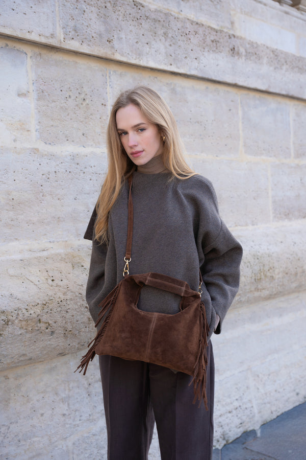Bolso de hombro Eira con flecos - Marrón