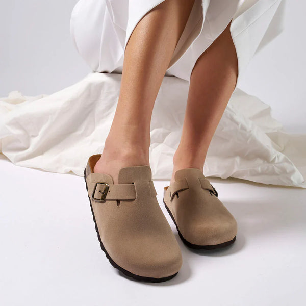 Noe Suede Taupe Clogs - Women's