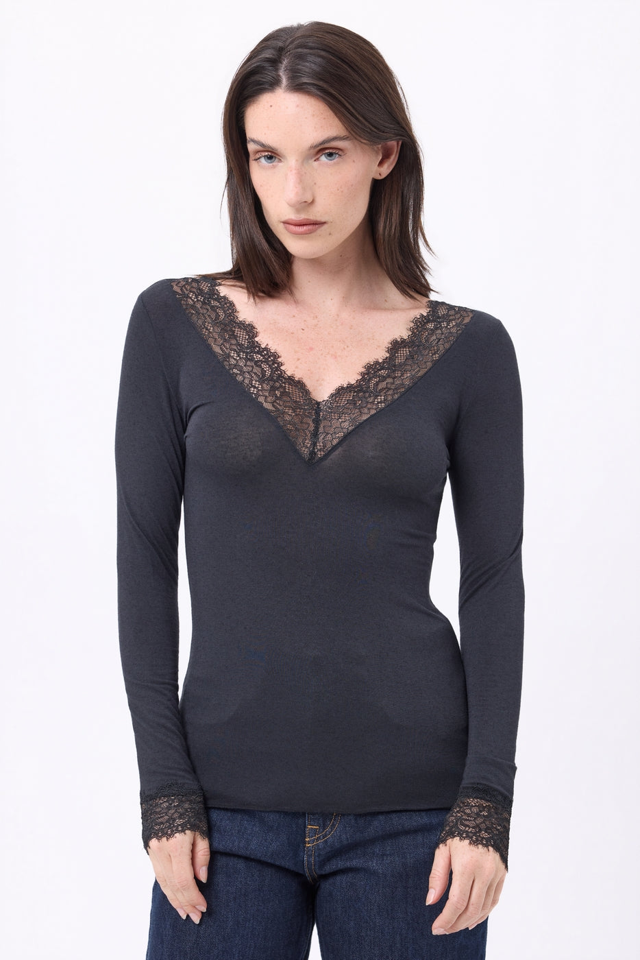 Camiseta de cuello en V con encaje Milo - Negro - Mujer