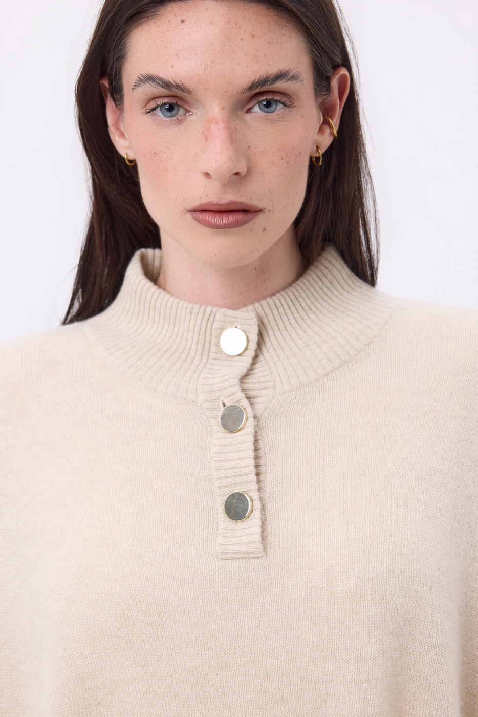 Poncho mantella con bottoni dorati Miranda - Beige crema - Donna - Cashmere e lana