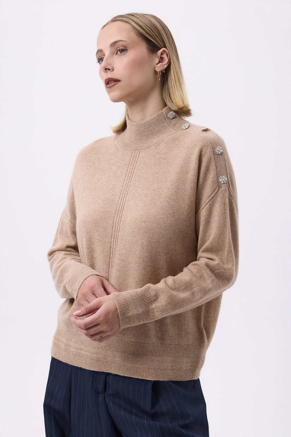 Pull Col Montant A Bijoux Miranda - Beige Crème - Femme