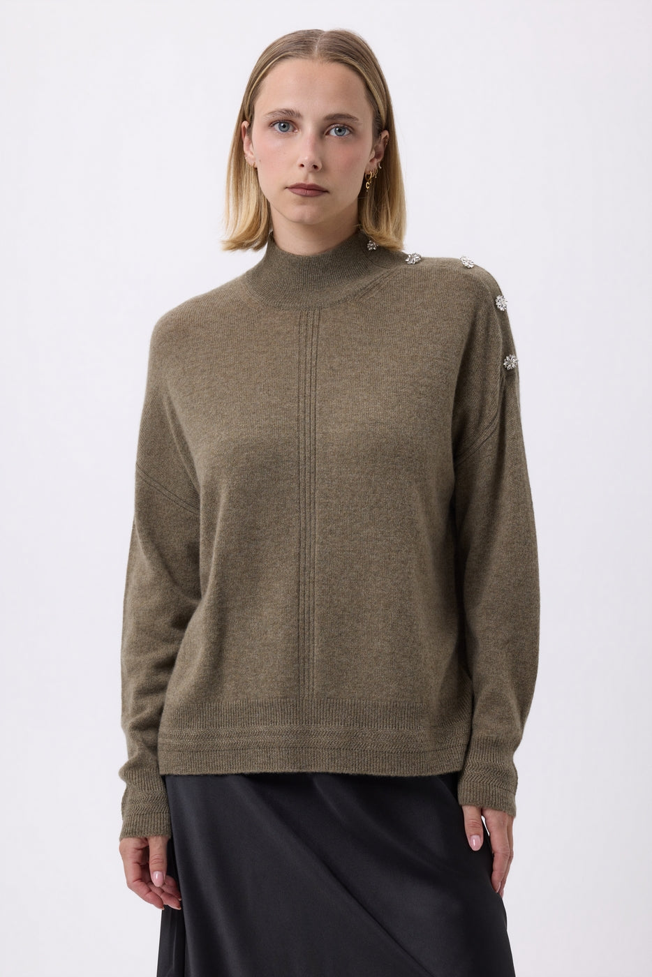 Pullover mit Stehkragen und Schmuckdetails Miranda - Khakigrün - Damen