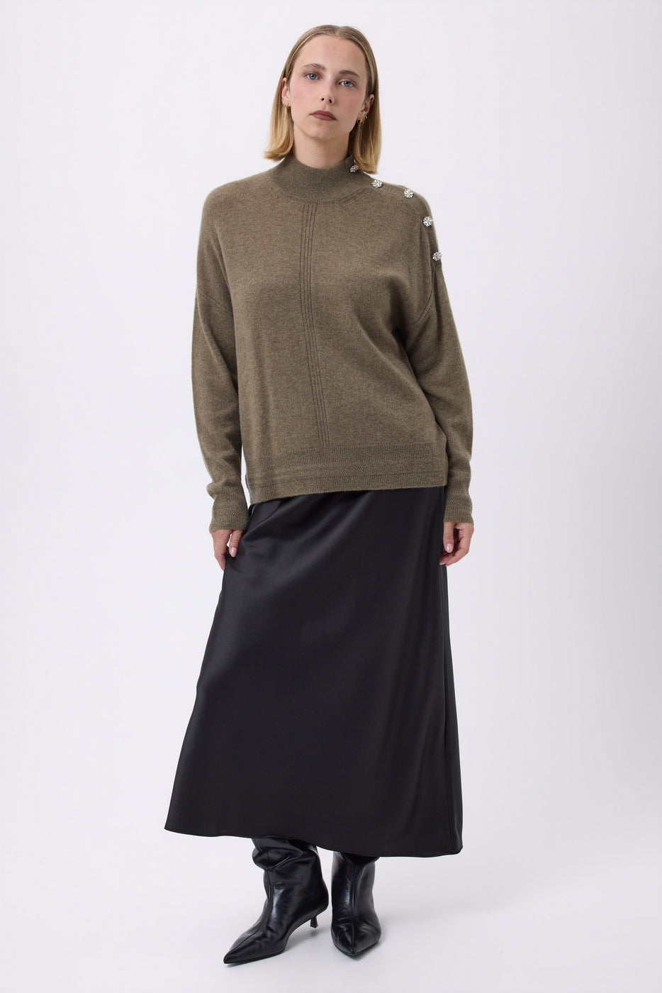 Pullover mit Stehkragen und Schmuckdetails Miranda - Khakigrün - Damen