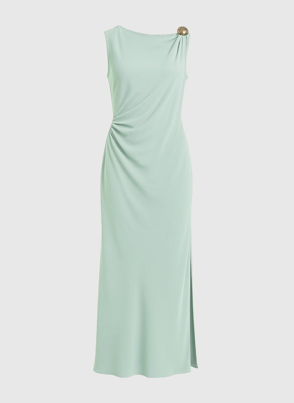 An'ge – Robe Midi Mirka Celadon, robe longue vert d'eau sans manches avec détail doré
