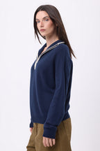 Maglione Collo Alto Con Zip E Profilo Miska - Blu Marino Bianco - Donna - 100% Cashmere