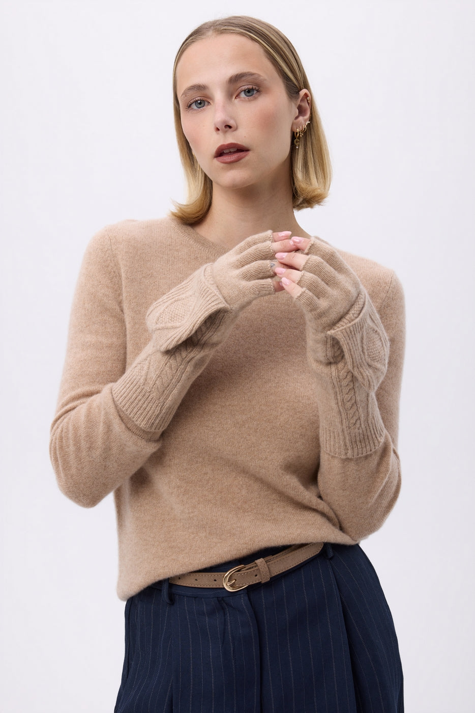 Mitbut Flap Fingerless Gloves - Cream Beige - Unisex