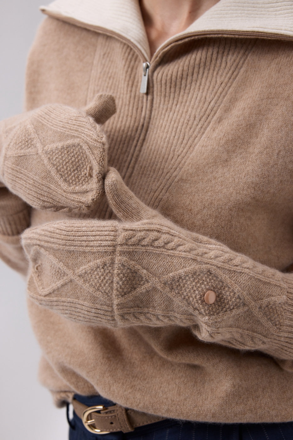Mitbut Flap Fingerless Gloves - Cream Beige - Unisex