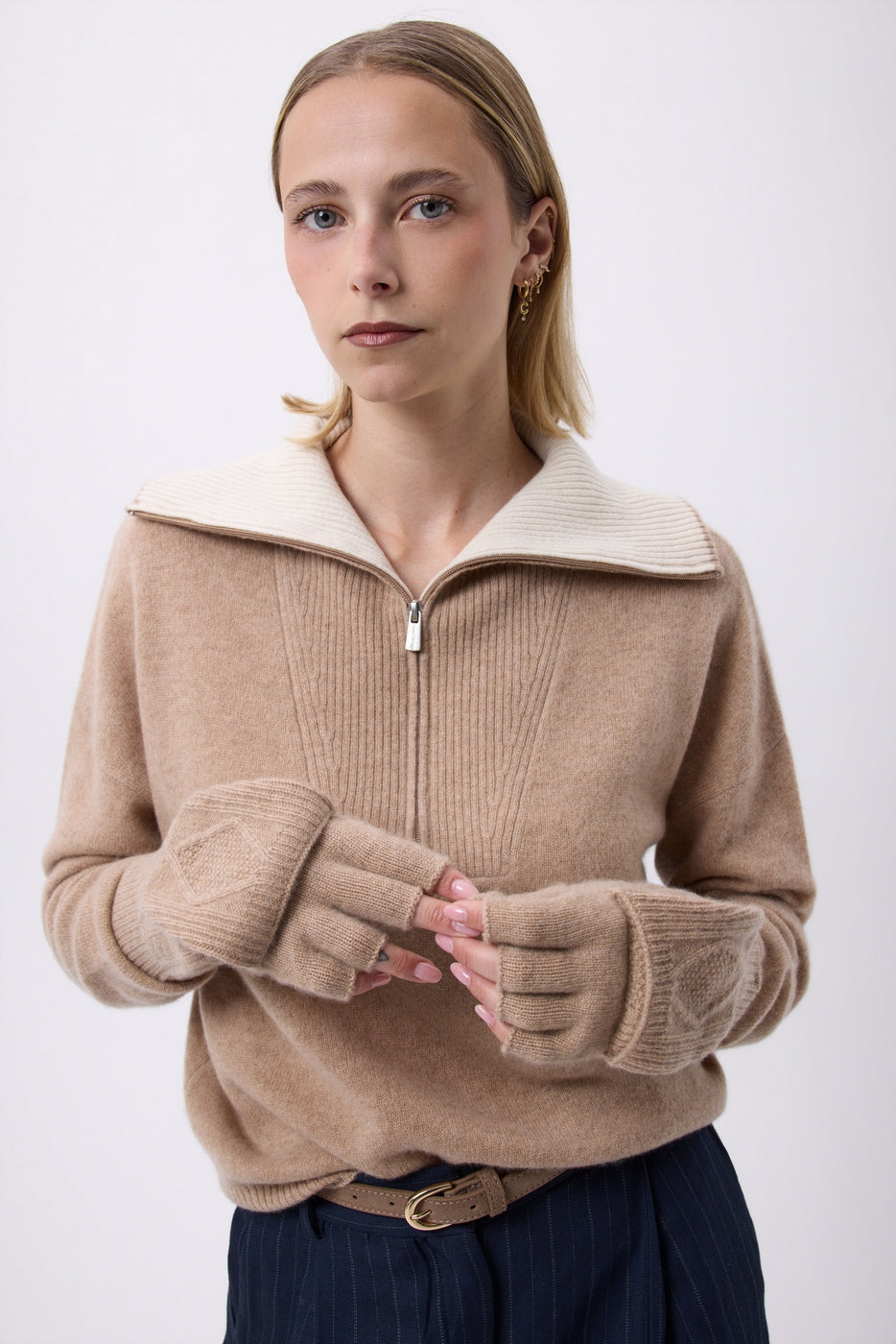 Mitbut Flap Fingerless Gloves - Cream Beige - Unisex