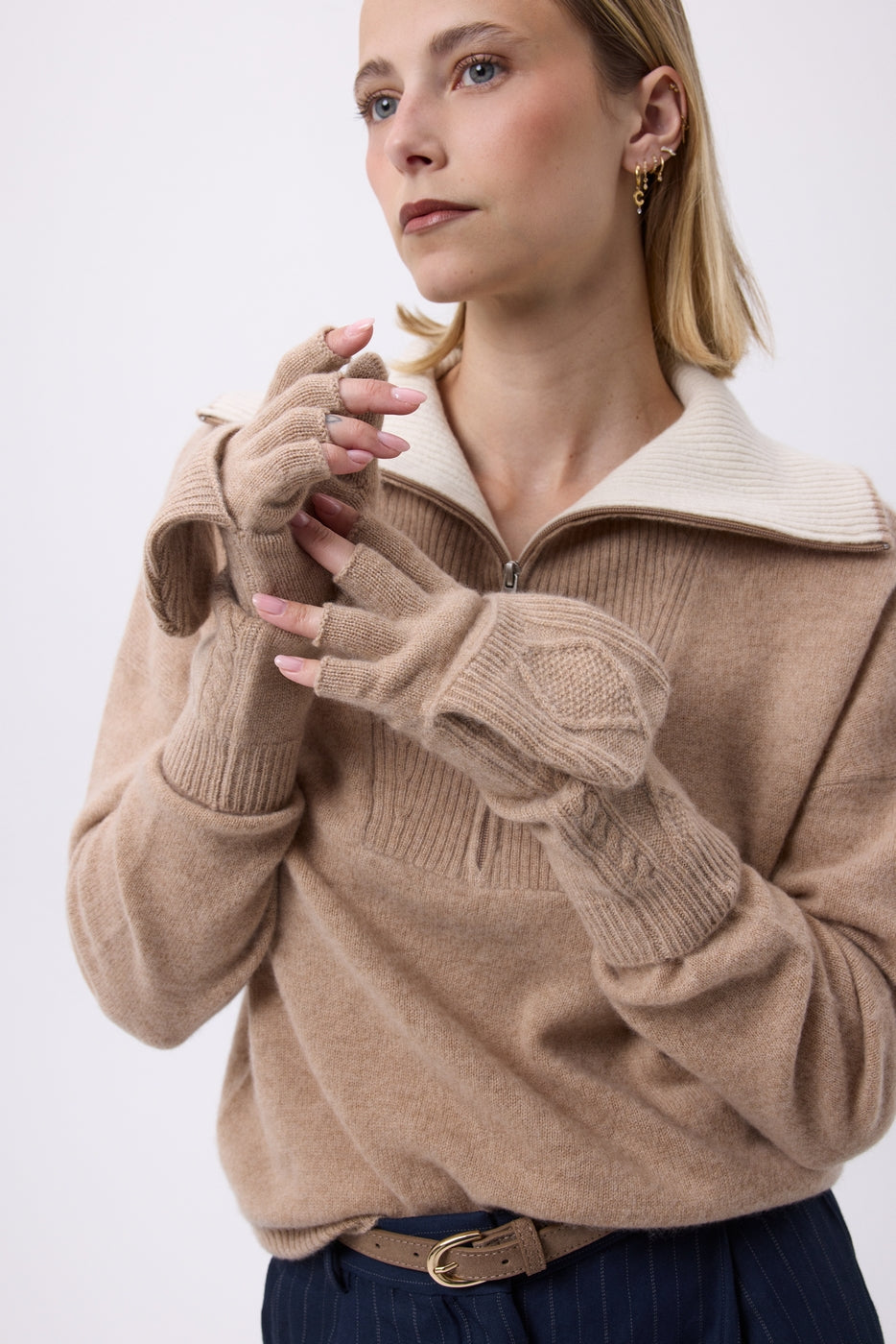 Mitbut Flap Fingerless Gloves - Cream Beige - Unisex