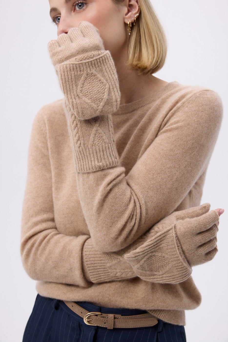 Mitbut Flap Fingerless Gloves - Cream Beige - Unisex
