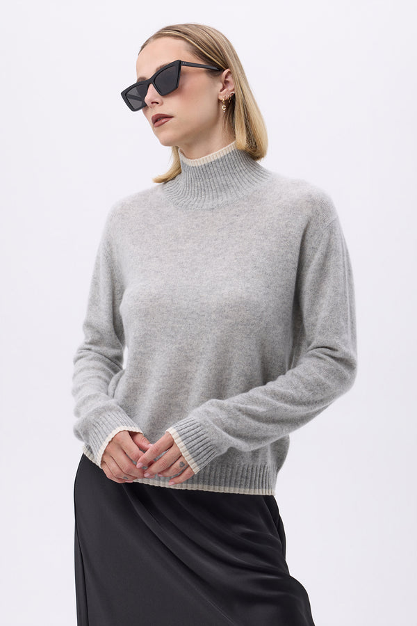 High-Neck Jumper with Contrast Trim F Mona - Light Grey White - Women