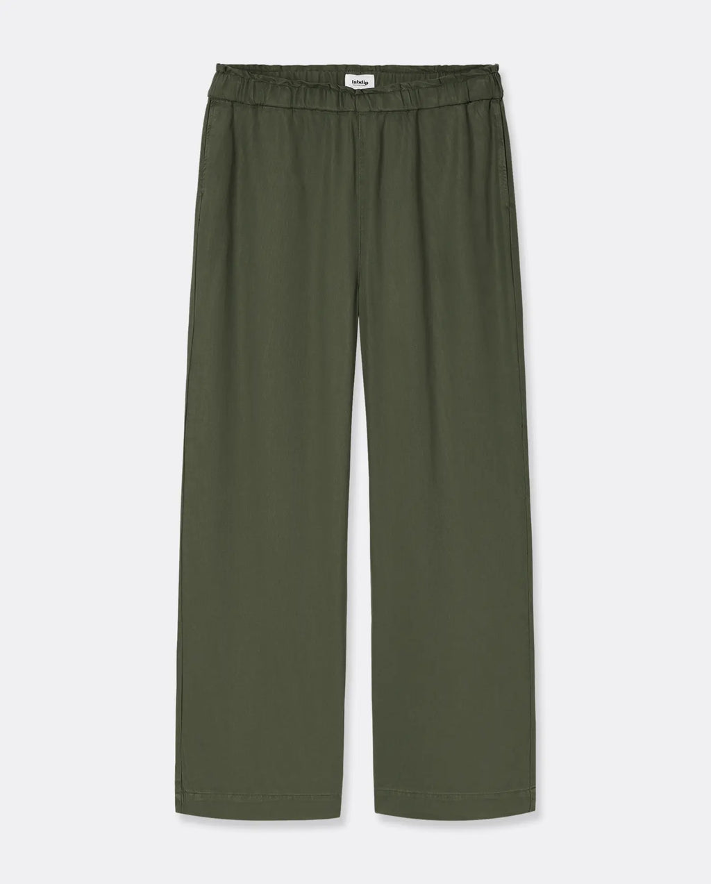 Pantalon femme en tissu Tencel kaki, coupe droite et fluide avec taille élastique, conçu pour s’adapter confortablement à toutes les morphologies.