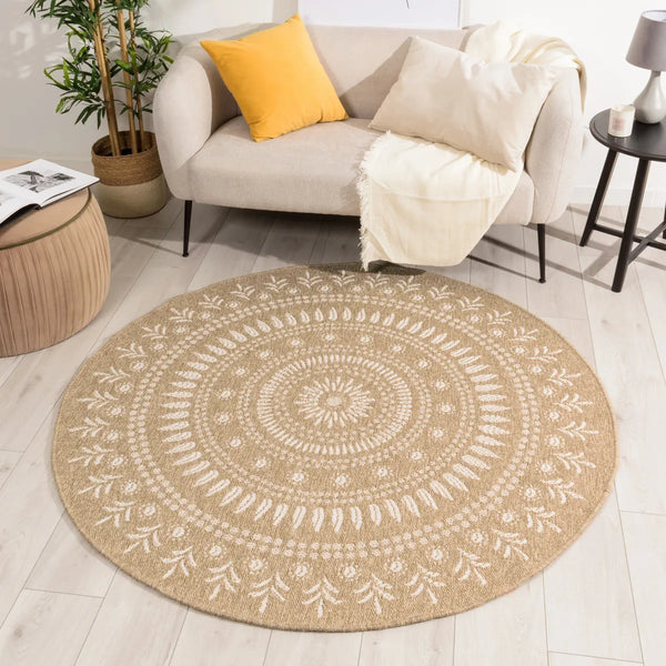 Alfombra efecto yute natural con motivos orientales redondos en blanco: NAT8874BLA - Alfombras Nazar