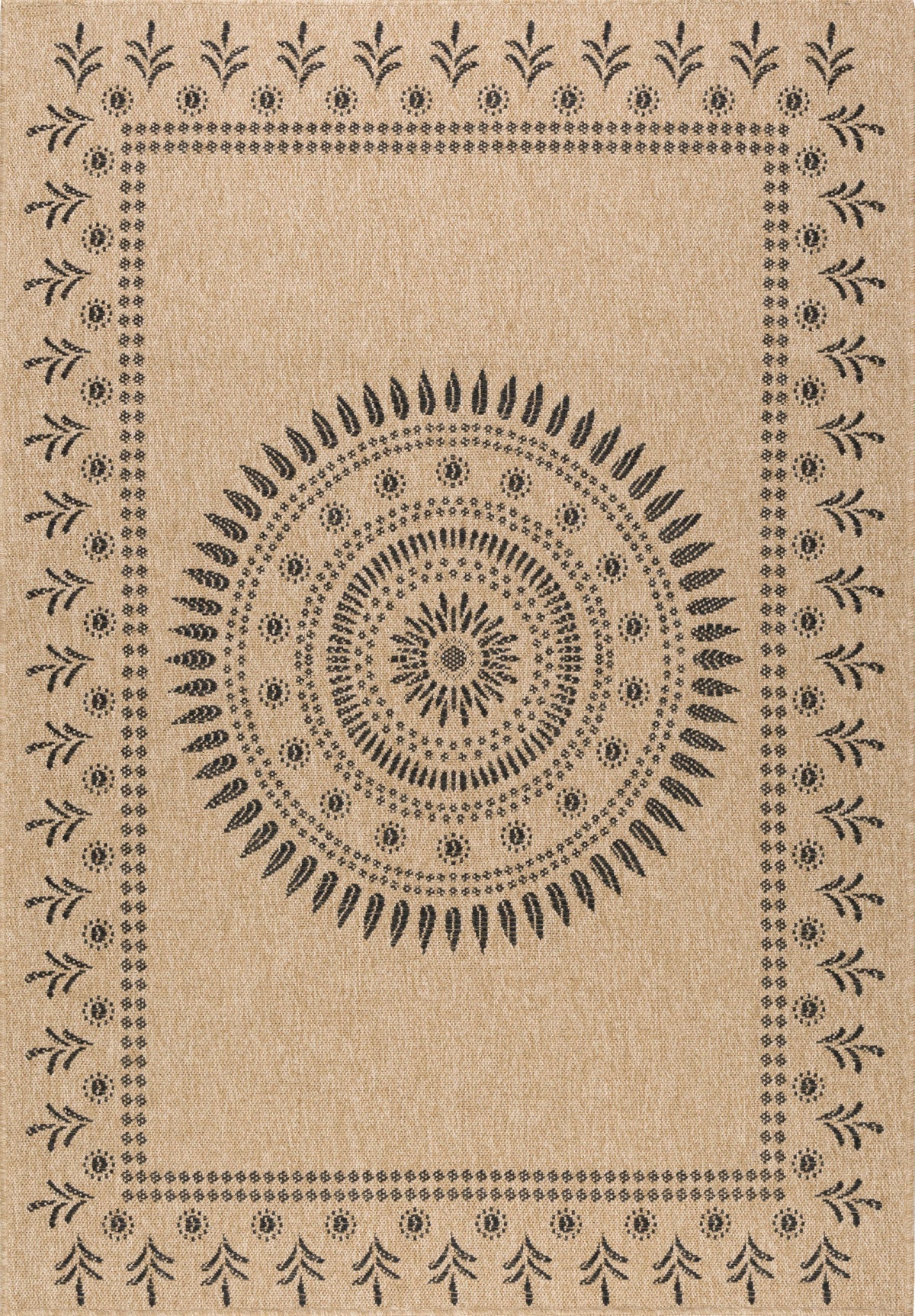 Alfombra efecto yute natural con motivos orientales negros: NAT8874NOI - Alfombras Nazar