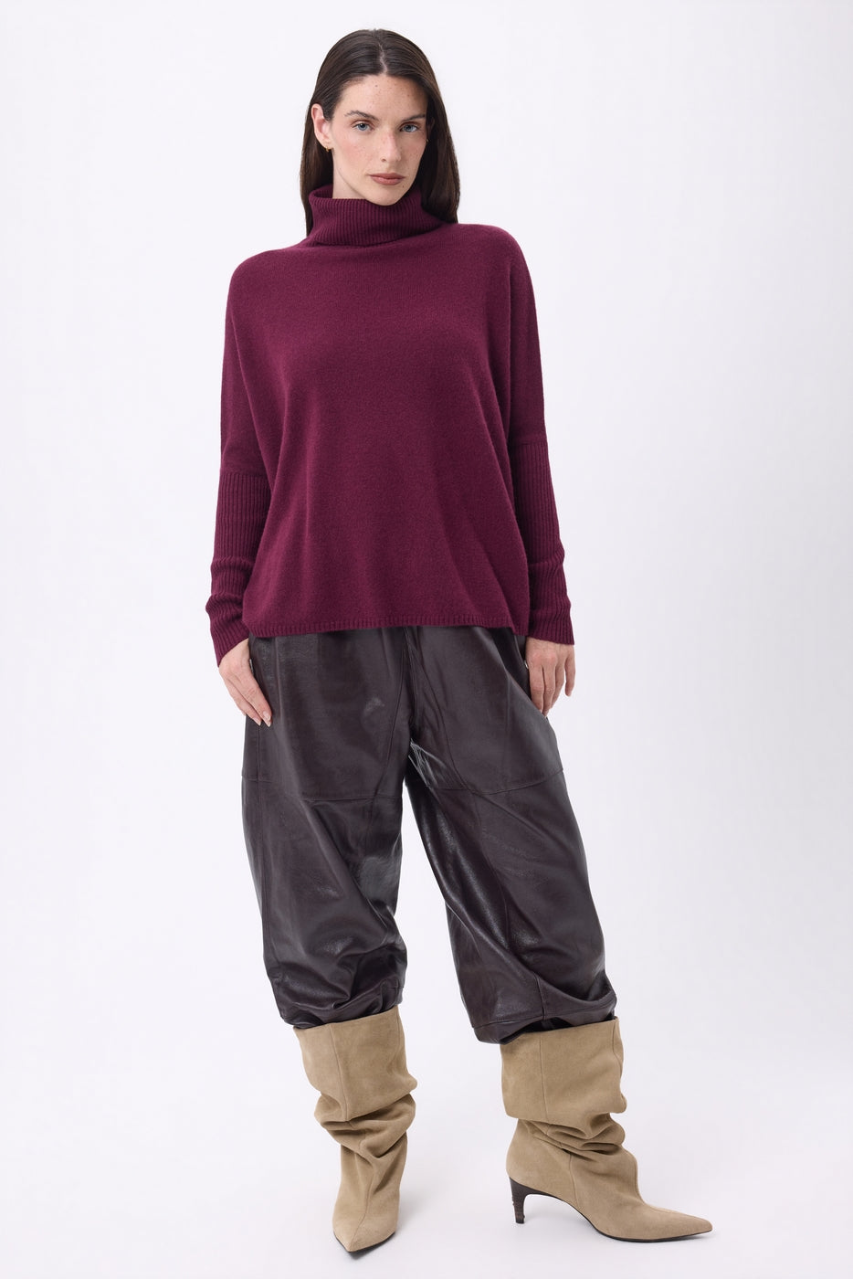 Maglione poncho a collo alto Naya - Rosso vino - Donna - 100% cashmere