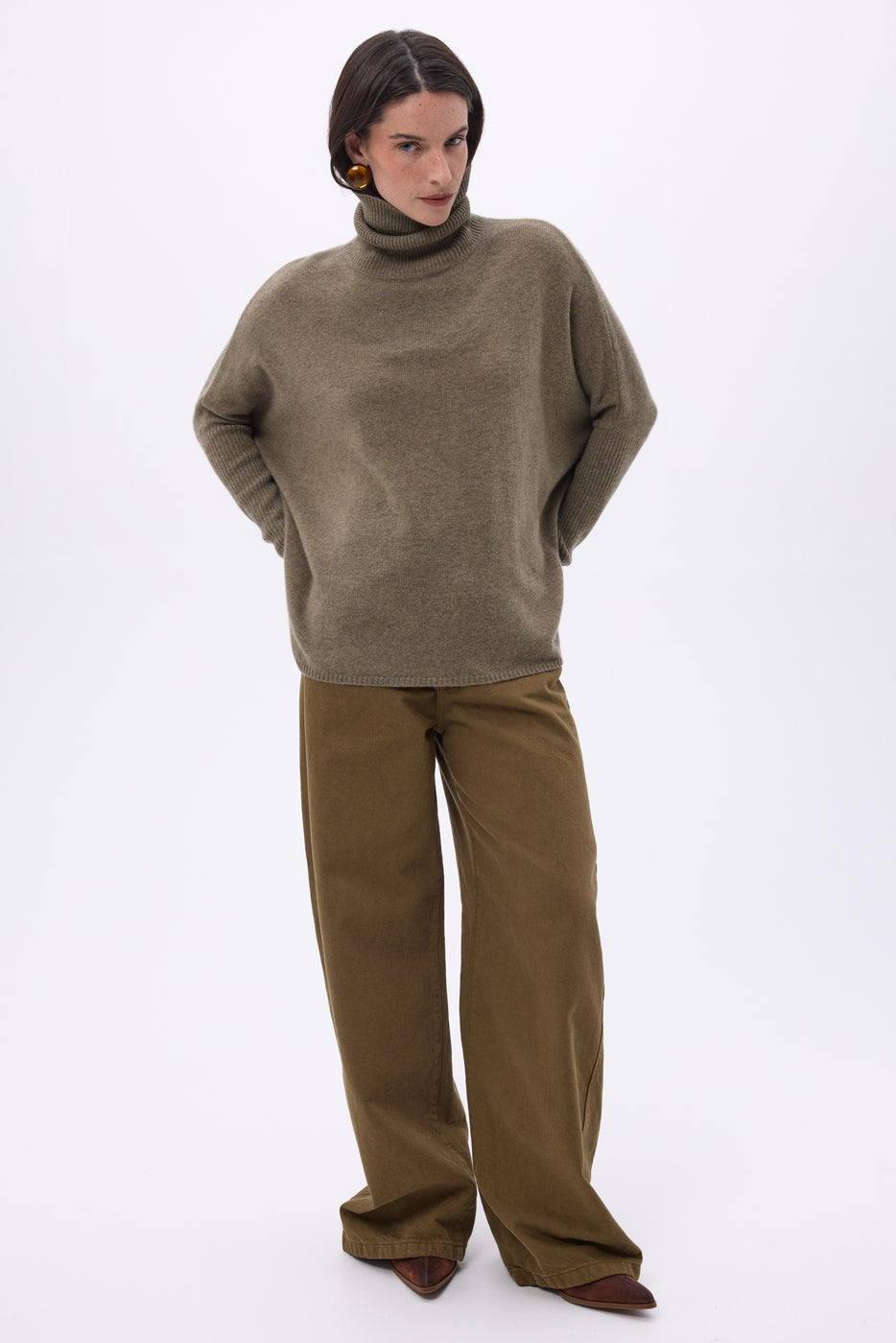 Maglione Collo Alto Poncho Naya - Kaki Chine - Donna - 100% Cashmere