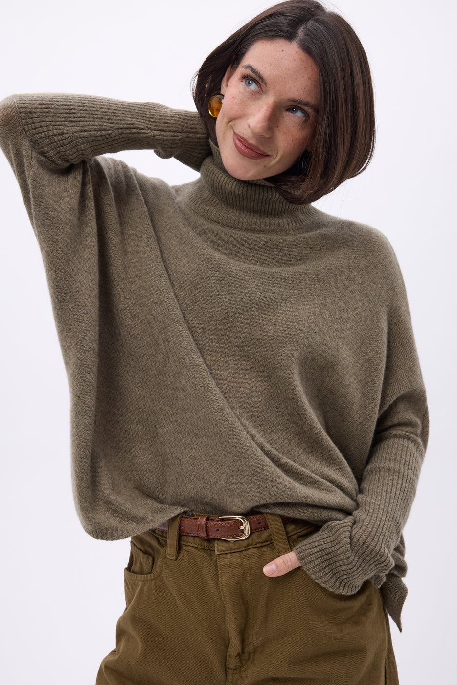 Maglione Collo Alto Poncho Naya - Kaki Chine - Donna - 100% Cashmere
