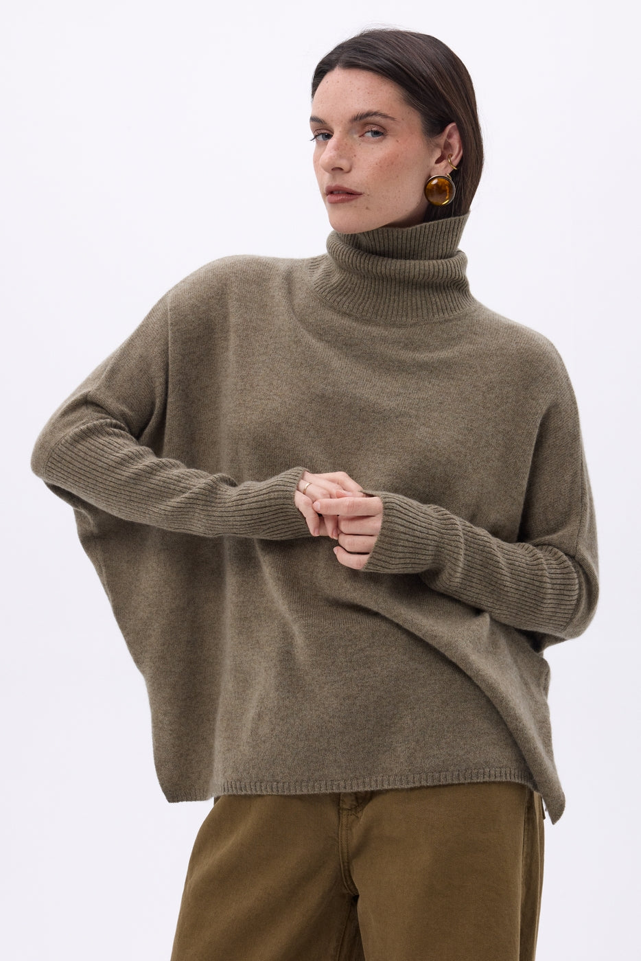 Maglione Collo Alto Poncho Naya - Kaki Chine - Donna - 100% Cashmere